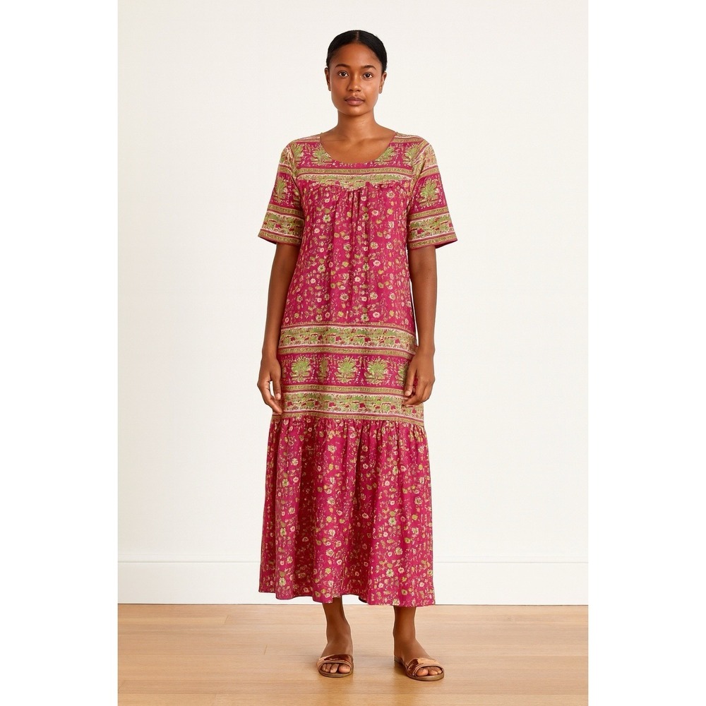 Vermont Country Store Dress S Pink Yellow Cotton Floral Muumuu Dress Housedress - Picture 10 of 10
